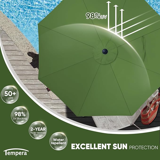 Tempera Patio Market Outdoor Table Umbrella with Auto Tilt and Crank, Large Sun Umbrella with Sturdy Pole & Fade Resistant Canopy, Easy to Set