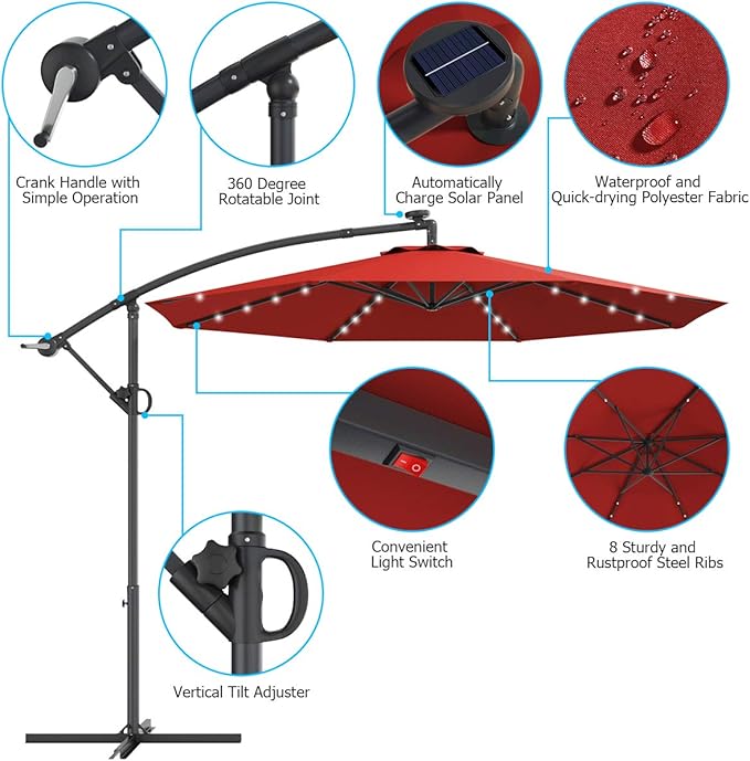 Tangkula 10 FT Solar Patio Umbrella, Offset Cantilever Outdoor Umbrella with 360 Degree Rotation, Aluminum Pole, Easy Tilt Adjustment, Crank Handle & Cross Base for Pool Deck Garden Backyard