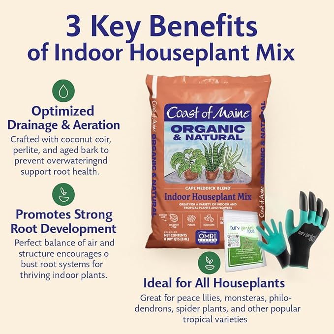 Coast of Maine HP4500 Cape Neddick Indoor Houseplant Mix 8 qt with My Garden Pool 7-in-1 Soil Test Strips, 20 ct. and Claw Gardening Gloves