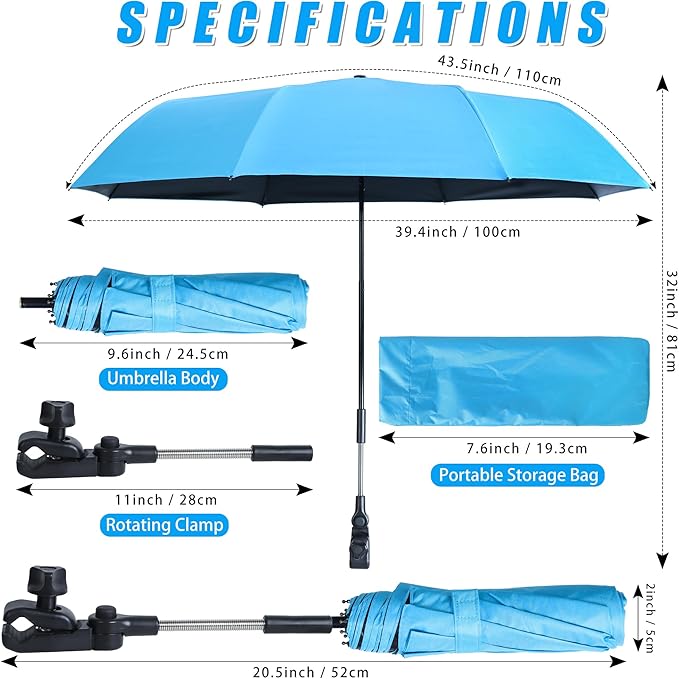 Beach Chair Umbrella with Clamp, Portable Clip on Umbrella for Outdoor Chairs, Adjustable UPF50+ Sun Shade Umbrellas for Beach Patio Travel Camping Wheelchair Golf Cart, Small 40inch with Storage Bag