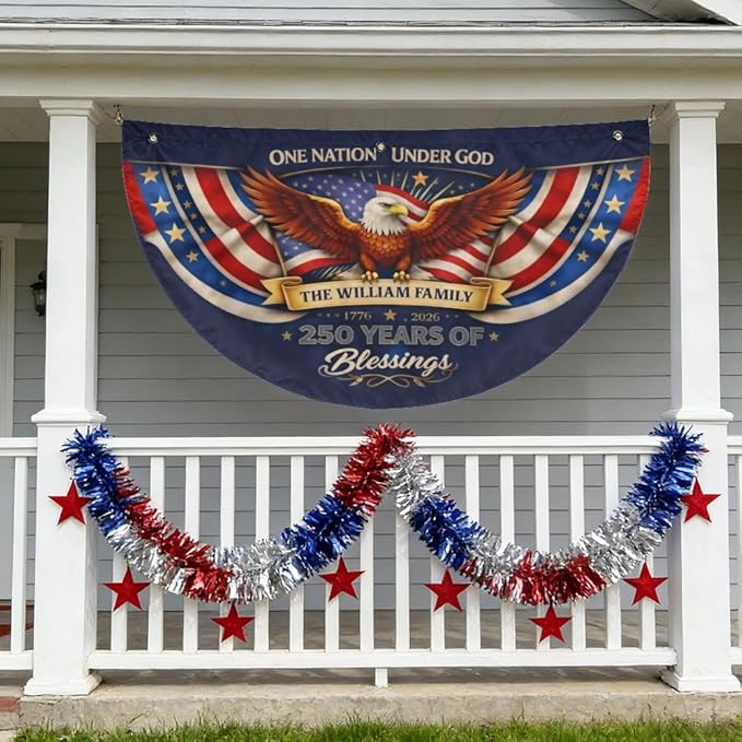 Personalized Patriotic Bunting Flag with Custom Family Name – 250 Years of Blessings USA Patriotic Bunting Banner 1776–2026 – 4th of July Americana Porch Decor, Outdoor American Flag Bunting