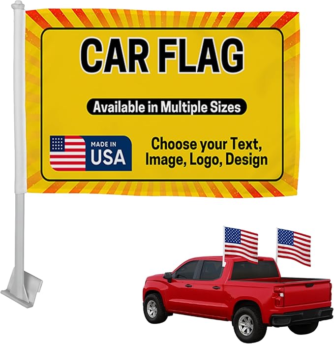 Custom Car Flag by DreamController - Personalized Flag with Your Photo, Text or Logo | Durable, Fade-Resistant, Weatherproof Window Flag for Cars, Parades, Sports & Outdoor Events - 12x17 inch