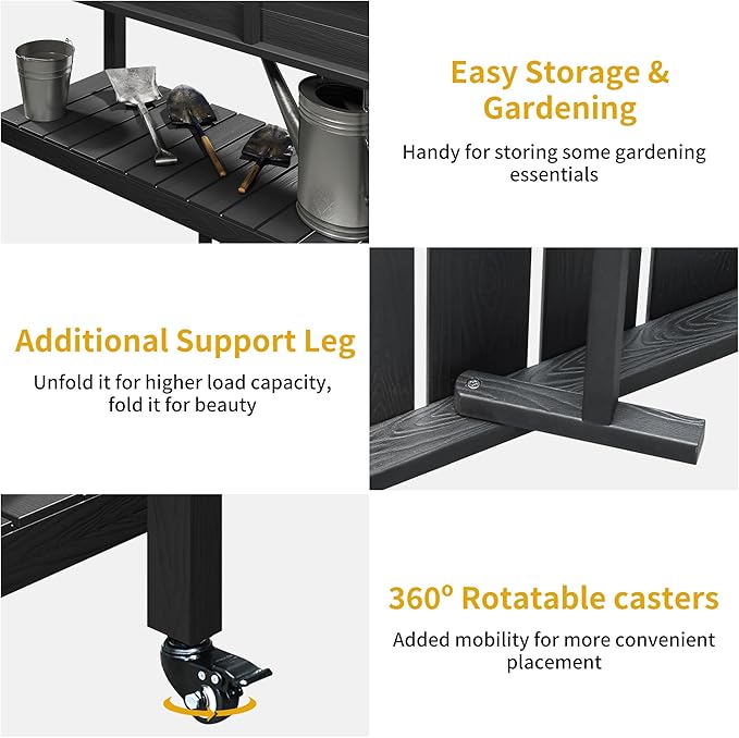 DWVO 47x18x31in Raised Garden Bed Outdoor HDPE with Legs and Lockable Wheels, Weather-Resistant Poly-Wood Elevated Planter Box, Double Tier Planters for Backyard Patio Balcony, Black
