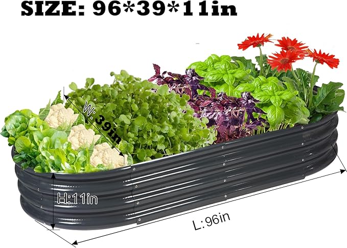 Raised Garden Bed GRS Certified Galvanized Planter Box Outdoor, 8ft Oval Rot-Resistant Metal Garden Bed Planter, Recycled Material Planter for Vegetables Flowers Herbs (Grey)