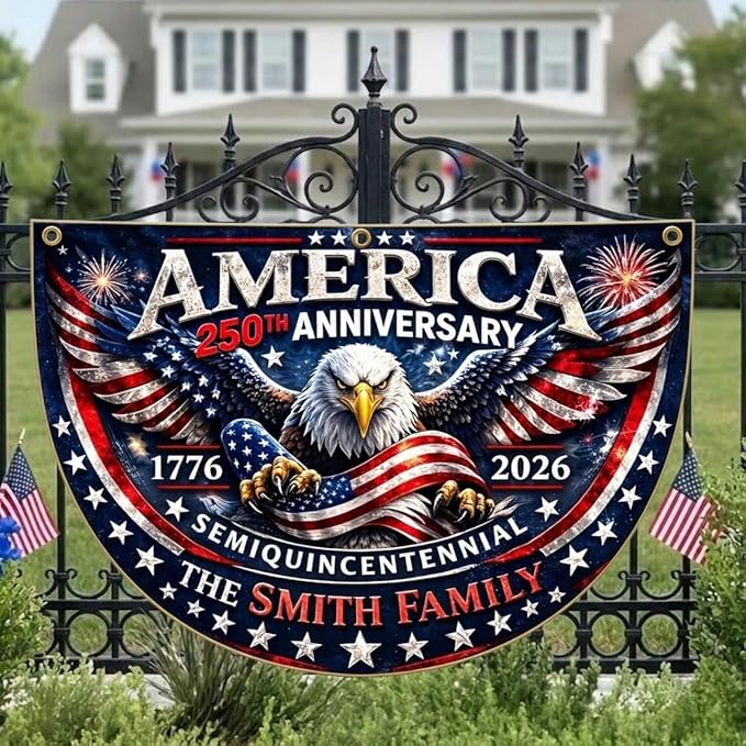 Custom Family Name 250th Anniversary Bunting Flag, Personalized America Birthday 1776 2026 Patriotic Outdoor Banner, July 4th Independence Porch Decor, Semicircle Fence Sign