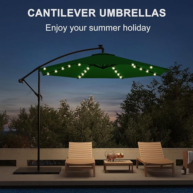 EROMMY 10FT 40 LED Solar Lighted Patio Umbrella, Outdoor Offset Cantilever Umbrella, Infinite Tilt, Crank and Cross Base, UV Protection for Backyard, Lawn, Garden & Pool