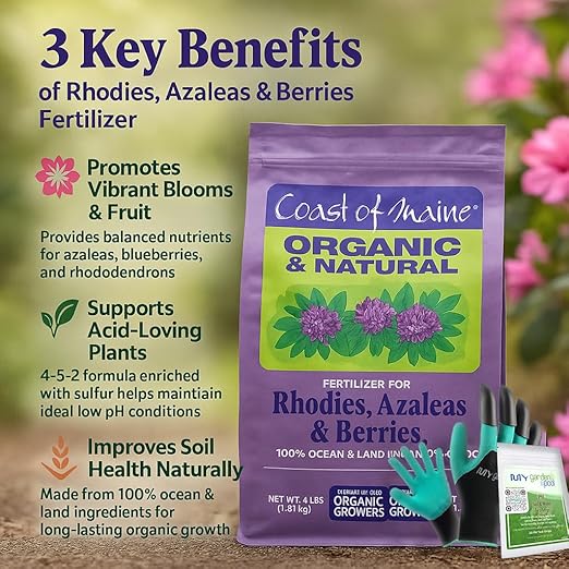 Coast of Maine RF6001 Rose & Flower Plant Food 4 LB – Organic Bloom Enhancing Fertilizer for Colorful Blooms with My Garden Pool Soil Test Strips & Claw Gardening Gloves
