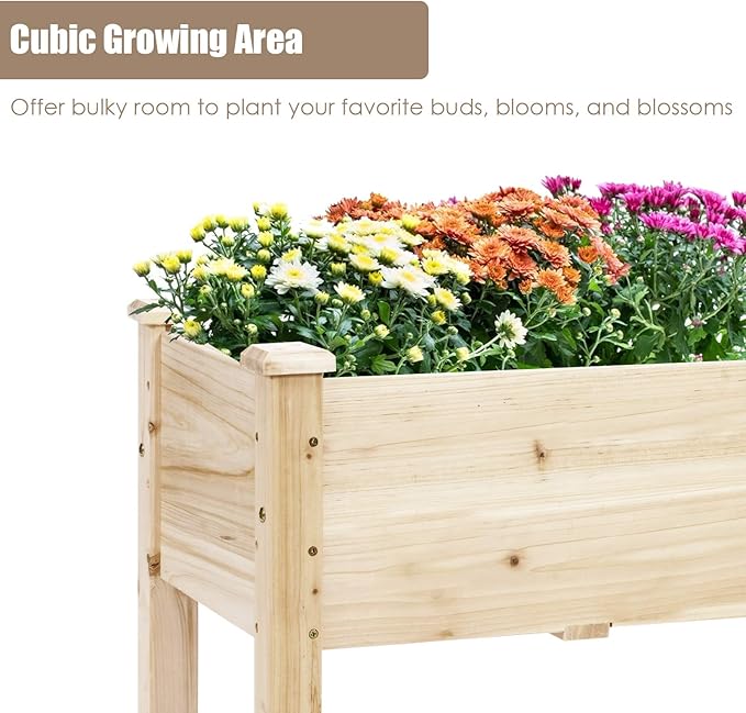 Giantex Raised Garden Bed, Wood Planter Box with Legs, Drain Holes, Elevated Garden Bed for Vegetables, Standing Garden Container Planter Raised Beds for Backyard, Patio