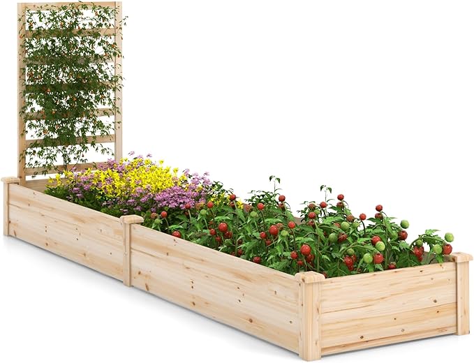 HAPPYGRILL Raised Garden Bed with Trellis, Wooden Garden Box with Divided Space for Vegetables, Flowers, Fruits, Climbing Plants, Outdoor Elevated Planter Box for Yard Patio, 93”L x 25”W x 40”H