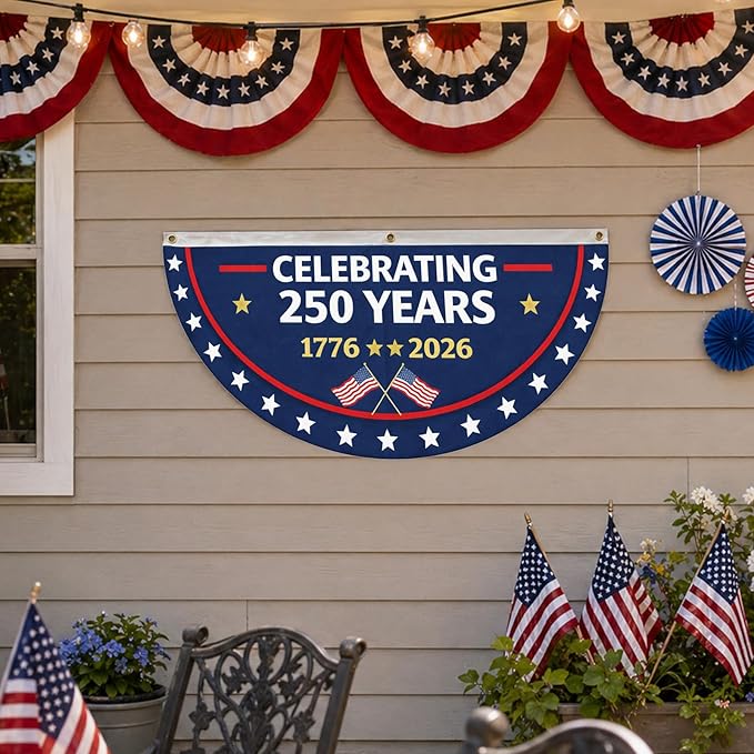 Patriotic 250th Anniversary Fan Flag 2 Pack – 35x18 Inch USA Outdoor Bunting Banner, Double-Sided Half Circle Polyester Flags 1776-2026 with Grommets for Porch, Fence, Window, 4th of July & Memorial Day