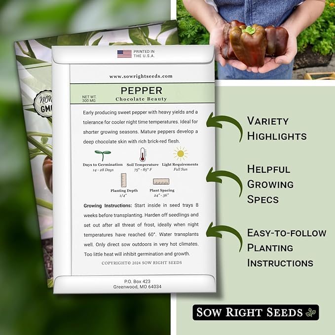 Sow Right Seeds - Chocolate Beauty Pepper Seed for Planting - Non-GMO Heirloom Packet with Instructions to Plant a Home Vegetable Garden - Sweet Bell Variety with Brown Skin and Mild Flavor (1)