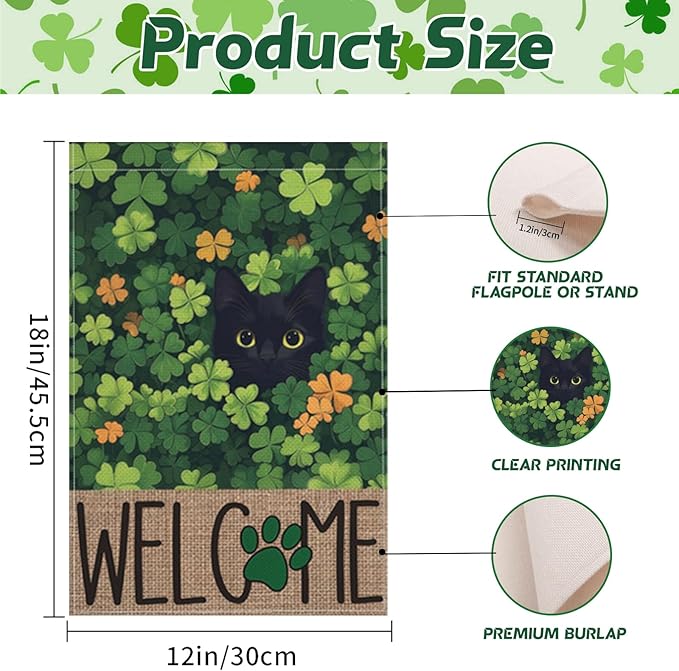 St Patricks Day Garden Flag, 12x18 Inch Double Sided Shamrock Black Cat Welcome Paw Print Design Home Decor Farmhouse Indoor Outdoor Yard Flag Decoration