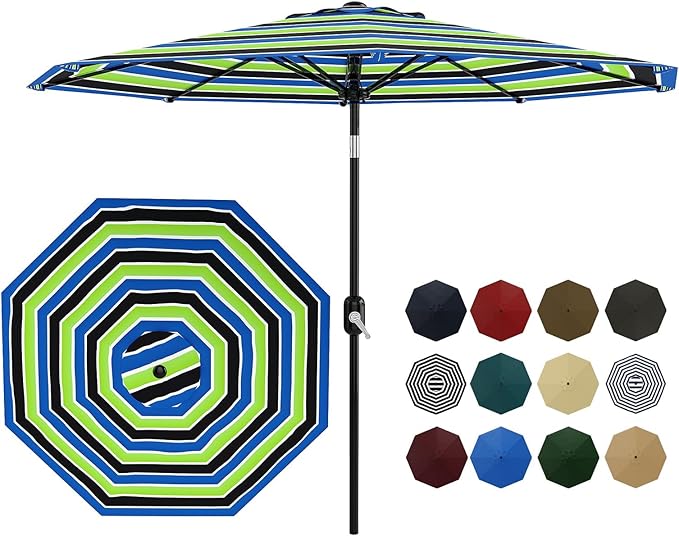 9 ft Patio Umbrella - 8 Sturdy Ribs Outdoor Table Umbrella with Crank Lift & Push Button Tilt - Market Umbrella for Pool, Deck, Yard, Garden - Tricolor Stripe