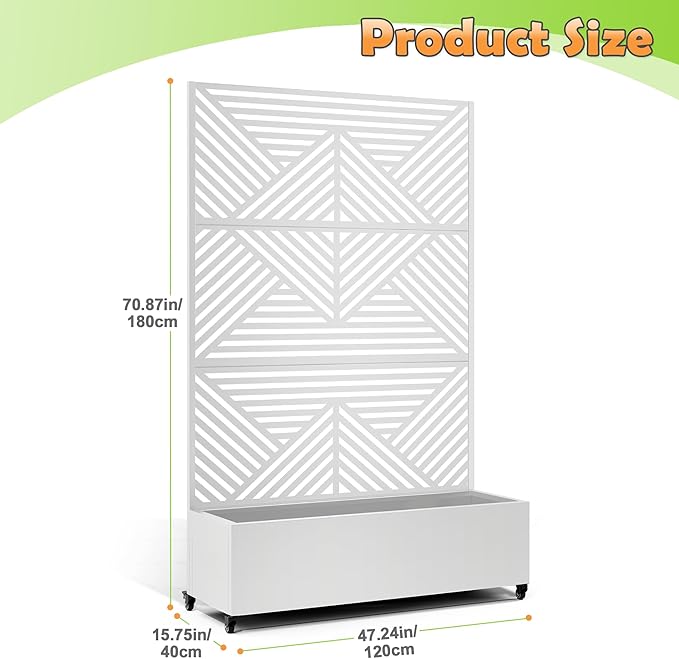 Metal Raised Garden Bed with Trellis, 2-in-1 Planter Box & Privacy Screen for Climbing Plants, Outdoor Standing Flower Bed with Drainage Holes, 47.2" L x 16.7" W x 70.8" H, White-Zodiac
