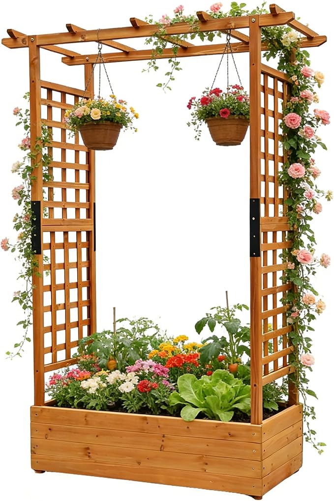 Raised Garden Bed Wooden Patio Planter with Trellis Outdoor Climbing Cucumber Box Pots Tomato Flower Vegetable Herb Porch, Tall Hanging Roof, Orange, 42.5" L x 17.3" W x 66.1" H