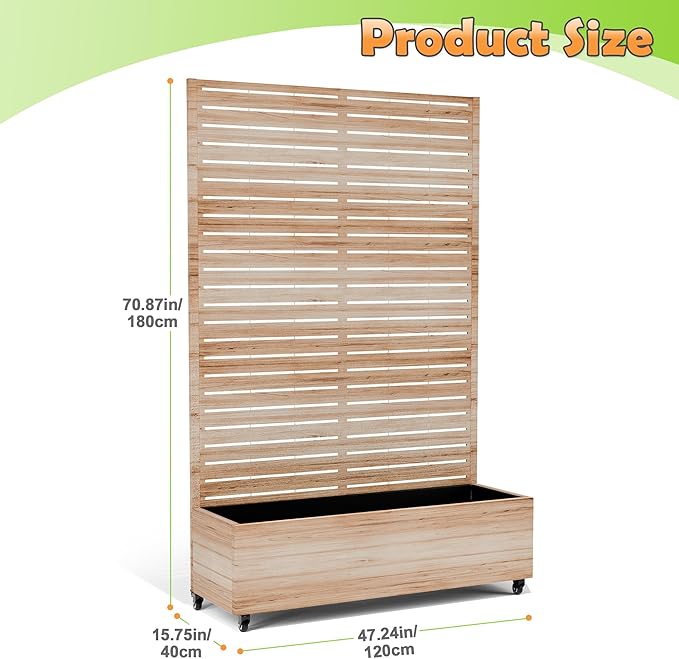 Metal Raised Garden Bed with Trellis, 2-in-1 Planter Box & Privacy Screen for Climbing Plants, Outdoor Standing Flower Bed with Drainage Holes, 47.2" L x 16.7" W x 70.8" H, Acacia Wood Grain