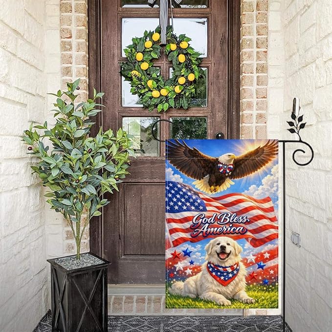 Patriotic Great Pyrenees Garden Flag 12x18 Inch,American Independence Day Outdoor Yard USA Flag Funny Animal,Red White Blue 4th of July Lawn Porch Double Sided Outside Decor