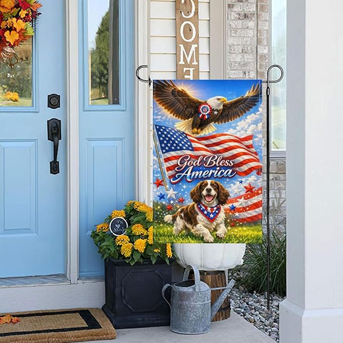 Patriotic English Springer Spaniel Garden Flag 12x18 Inch,American Independence Day Outdoor Yard USA Flag Funny Animal,Red White Blue 4th of July Lawn Porch Double Sided Outside Decor