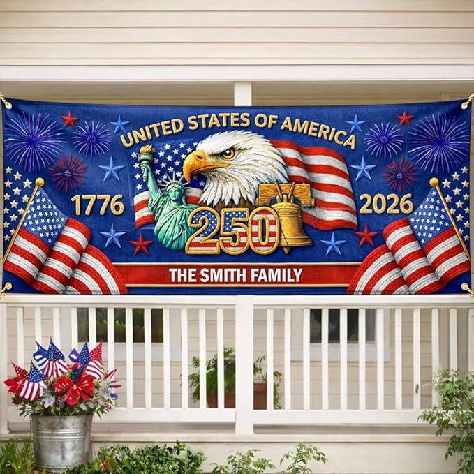 Personalized 250 Years of Freedom USA Banner 1776-2026, Patriotic American Eagle Flag for Independence Day, Customizable Family Name Outdoor Banner, USA Anniversary Decoration for Gardens & Porches A2