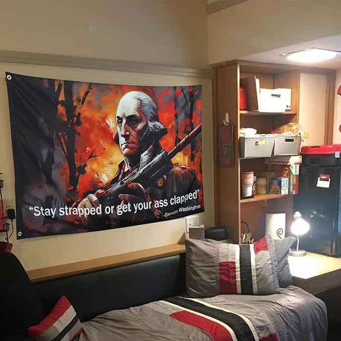 ZKflager Washington Stay Strapped or Get Clapped Flag Cool Funny Flags For Room Guys Quote Meme Banner 3x5 Feet College Dorm Bedroom Wall Man Cave Frat Oil Painting Style