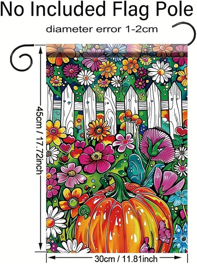 Pumpkin Flower Garden Flag 12x18 Inch Double Sided Outdoor Yard Banner Colorful Floral Fence and Pumpkin Design for Autumn Fall Harvest Patio Porch Lawn Decoration