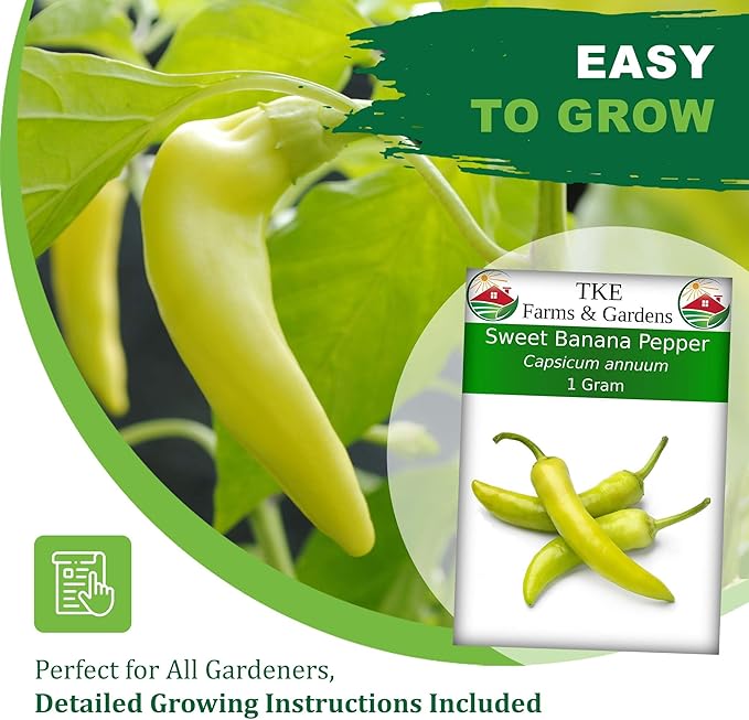 TKE Farms & Gardens - Sweet Banana Pepper Seeds for Planting, 1 Gram, 140+ Heirloom Seeds, Non-GMO, Instructions Included, Capsicum annuum, Qty 1
