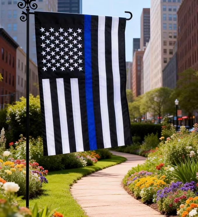 2 Pack Thin Blue Line American Garden Flag 12x18 Inch - Embroidered Stars Double Edge Sewing, Black White and Blue Police Flag to Honor Law Enforcement Officers