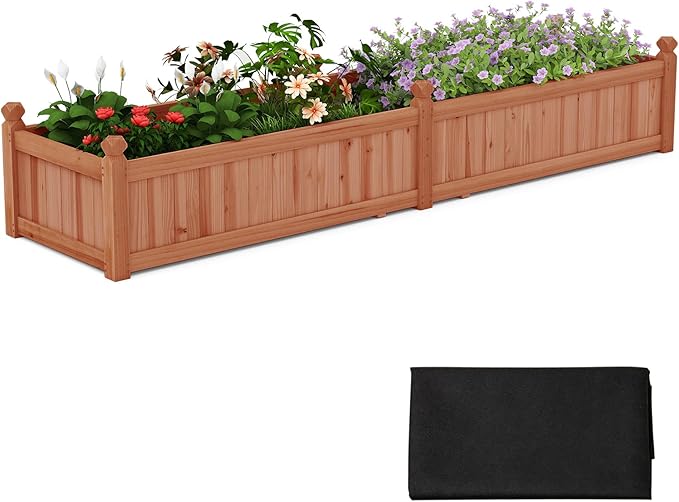 HAPPYGRILL Raised Garden Bed, Wood Elevated Flower Box with 8 Drain Holes, Liner, for Flowers, Vegetables, Herbs, Fruits, Outdoor Planter Box for Backyard, Garden, Lawn, 89" x 23.5" x 16"
