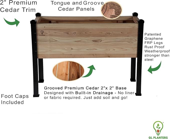 Cedar Raised Garden Bed, 44L x 18W x 30H inches, Built-in Drainage, No-Bend Gardening
