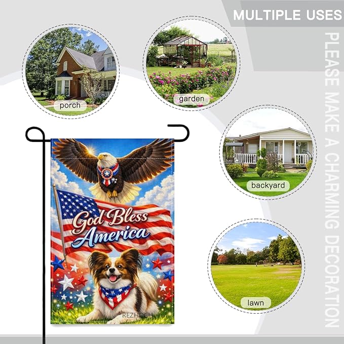 Patriotic Papillon Garden Flag 12x18 Inch,American Independence Day Outdoor Yard USA Flag Funny Animal,Red White Blue 4th of July Lawn Porch Double Sided Outside Decor