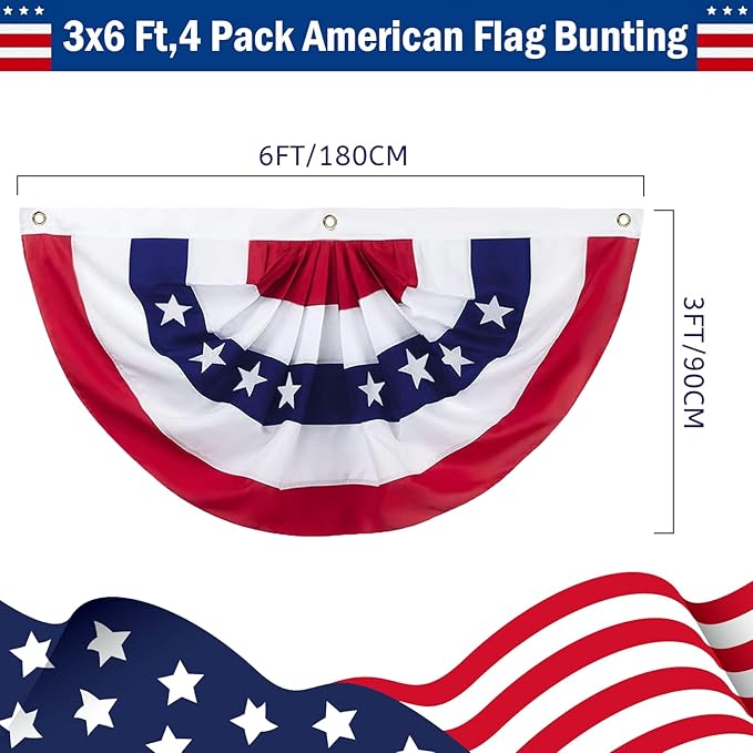 3x6 Ft American Flag Bunting - 4th of July Decorations USA Patriotic Pleated Fan Flag for Outdoor Porch Garden Decor 4 Pack