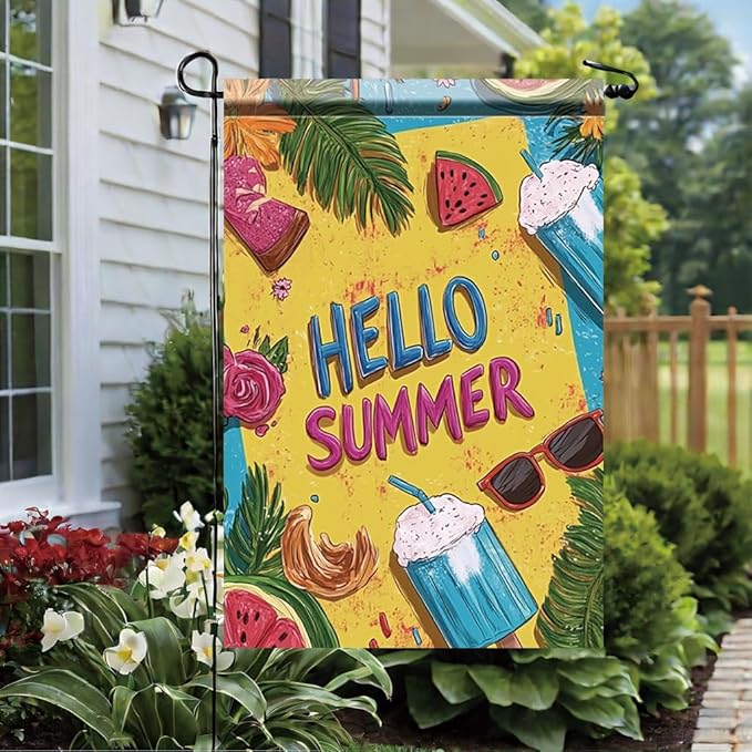 Hello Summer Garden Flag 12x18 Inch Double Sided Outdoor Yard Banner Colorful Tropical Fruits Ice Cream Sunglasses Design Seasonal Welcome Decor for Patio Porch Lawn