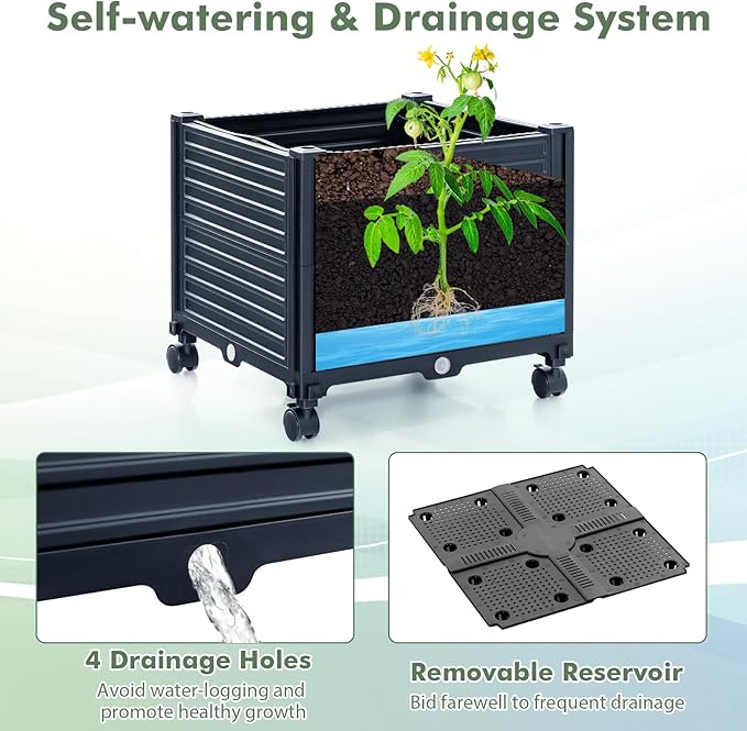 Giantex Raised Garden Bed with Tomato Cages, Obelisk & Bird Top, 10 Fasten Straps, Gloves, 83” 67” 51” Adjustable Height, Self Watering Planter Box with Wheels & Trellis for Climbing Plants