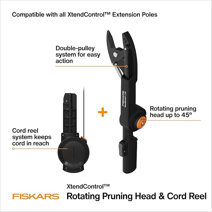 Fiskars XtendControl Rotating Tree Pruner Head with Automatic Cord Reel with 45 Degree Rotation, Compatible with all XtendControl Extension Poles (Pole Not Included)