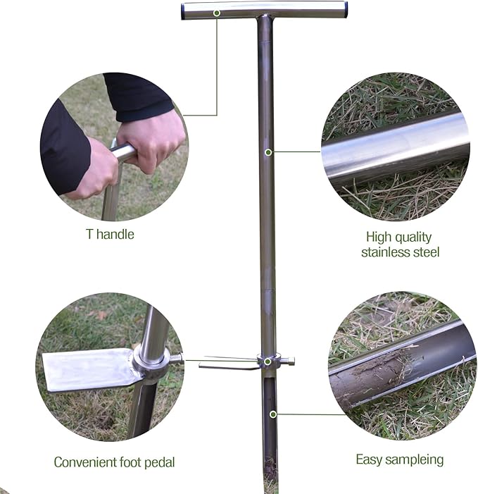 36" Soil Probe, Stainless Steel Soil Sampler Probe with Foot Pedal and Reusable Sample Bags, Soil Test Kits for Lawn Plant Garden Farm Soil Sampling