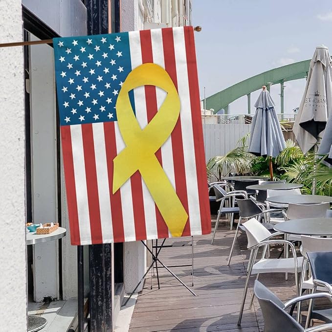 Remember Our Troops Patriotic House Flag USA Flag with Yellow Ribbon Military Bdecor Banner for Outside 28x40 Inch Print Double Sided