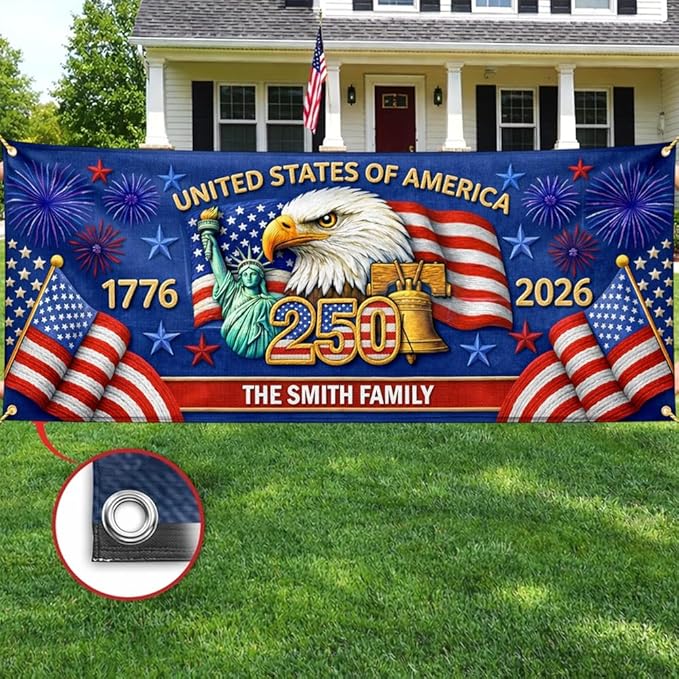 Personalized 250 Years of Freedom USA Banner 1776-2026, Patriotic American Eagle Flag for Independence Day, Customizable Family Name Outdoor Banner, USA Anniversary Decoration for Gardens & Porches A2