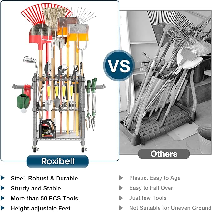 T1 Garden Tool Organizer（with Lockable Wheels） Heavy Duty Garage Tool Storage for Yard，Shed，Outdoor and Lawn，Freestanding Tool Organizers and Storage UP to 50 Tools，Grey with Anti-Tip Device