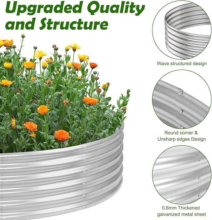 PINPON 5x5x1ft Round Galvanized Raised Garden Bed Outdoor, Large Metal Planter Box for Vegetables, Sturdy Above Ground Garden Bed for Backyard, Patio, and Fire Pit Ring