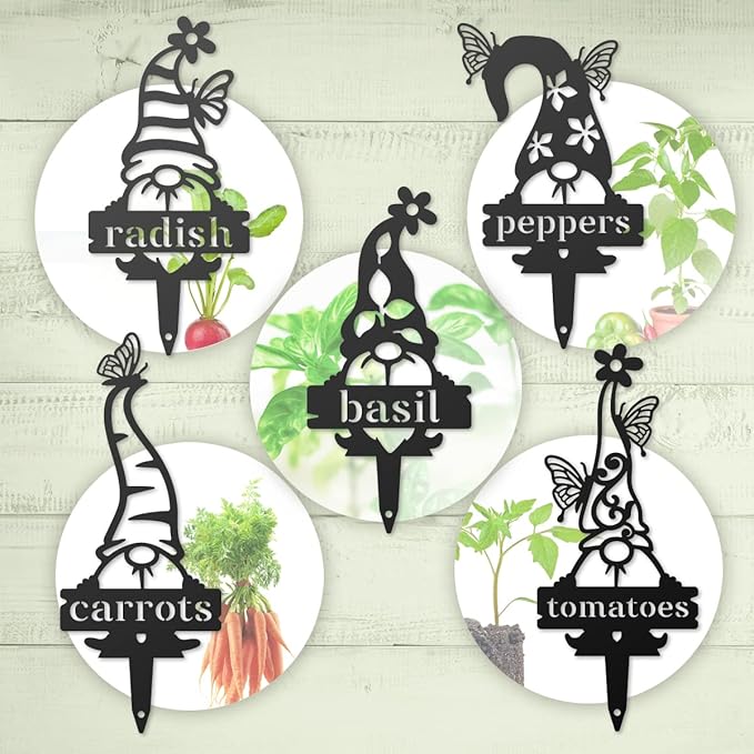 RealSteel Gnome Plant Markers Metal Garden Stakes | Outdoor Garden Labels & Plant Tags for Vegetables & Herbs | Decorative Yard & Raised Bed Garden Signs | Gardening Gift | Made in USA - (OOPS)