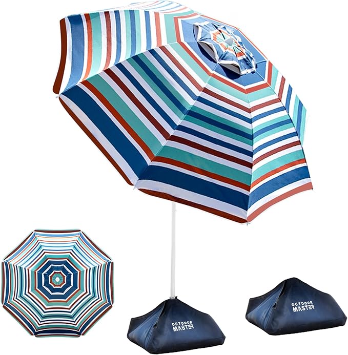 OutdoorMaster Beach Umbrellas for Sand with Sandbag & Anchor, 7.2ft Adjustable Umbrella for Beach Heavy Duty Wind, Portable UPF50+ Sunshade with Carry Bag for Patio