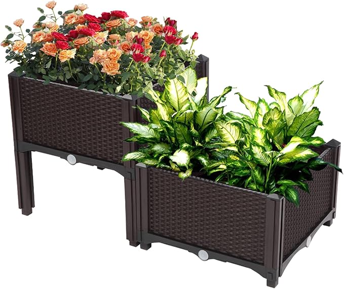 Outvita 2 Sets Raised Garden Bed with Legs, Square Elevated Planter Garden Box with Drainage Plug for Indoor Outdoor Planting Flowers Vegetables Tomato and Herbs(Brown)