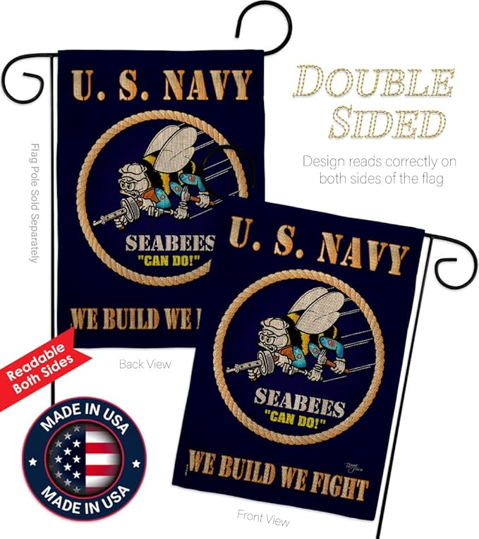 Sea Bees Burlap Garden Flag - Armed Forces Navy USN Seabee United State American Military Veteran Retire Official - House Decoration Banner Small Yard Gift Double-Sided Made In USA 13 X 18.5