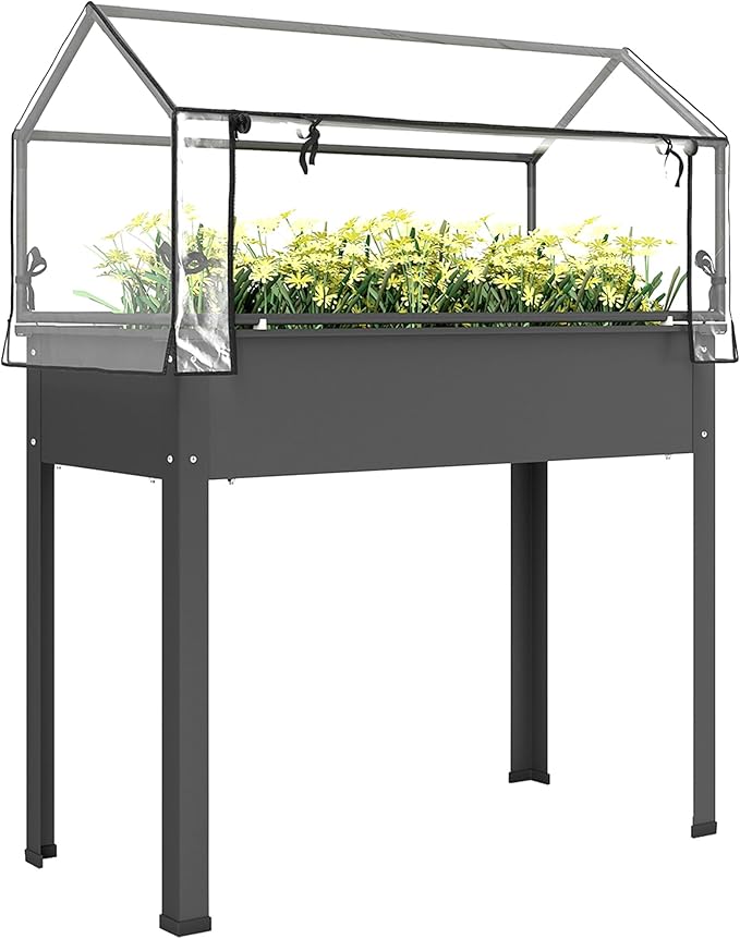 Outsunny Raised Garden Bed with Greenhouse Cover, Elevated Planter Box with Legs and Drainage Hole for Vegetables Flowers Herbs, 39.4" x 18.9" x 48.8", Dark Gray