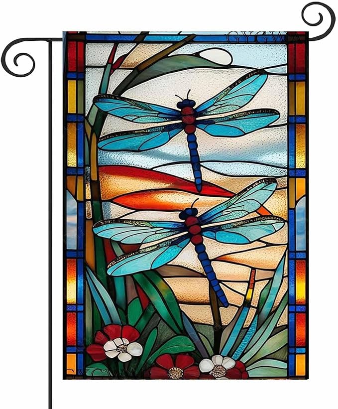 Spring Dragonfly Garden Flag 12x18 Inch Double Sided, Stained Glass Small Burlap Yard Flag for Summer Farmhouse Holiday Outside Decoration