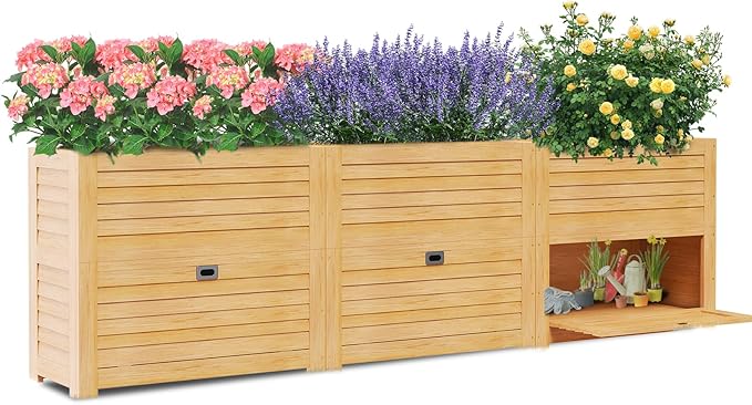Raised Garden Bed with Extra Storage Compartments Outdoor, 34" x 18" x 30" Wood Elevated Garden Box Wooden Planter Box for Herbs, Vegetables, Flowers Backyard, Patio, Balcony