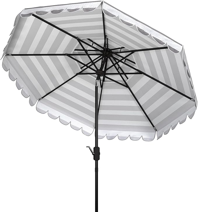 SAFAVIEH 9ft Outdoor Patio Umbrella, Double Top, Vienna Collection, Grey & White Stripe, Scallop edge, Crank, Button Tilt, UV Resistant for Deck, Backyard, Poolside (PAT8211B)