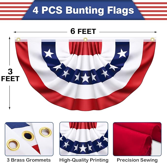3 x 6 Feet 4 Pack American USA Pleated Half Fan Bunting Flags Outdoor Bunting Flags Patriotic Half Fan Banner Flag for Party Memorial Day Fourth of July Independence Day 4th of July Decorations
