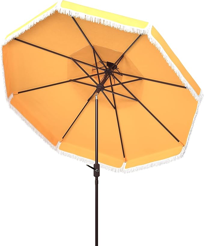 SAFAVIEH 9ft Outdoor Patio Umbrella, Round, Double Top, Milan Fringe, Yellow & White, Crank, Button Tilt, UV Resistant for Deck, Backyard, Poolside (PAT8208D)