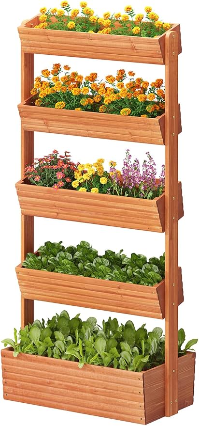 GHWIE Wooden Garden Planter Box, Raised Bed with Vertical Plant Rack, Indoor Outdoor Flower Herb Vegetable Stand (Reddish-Brown, 5 Tier)